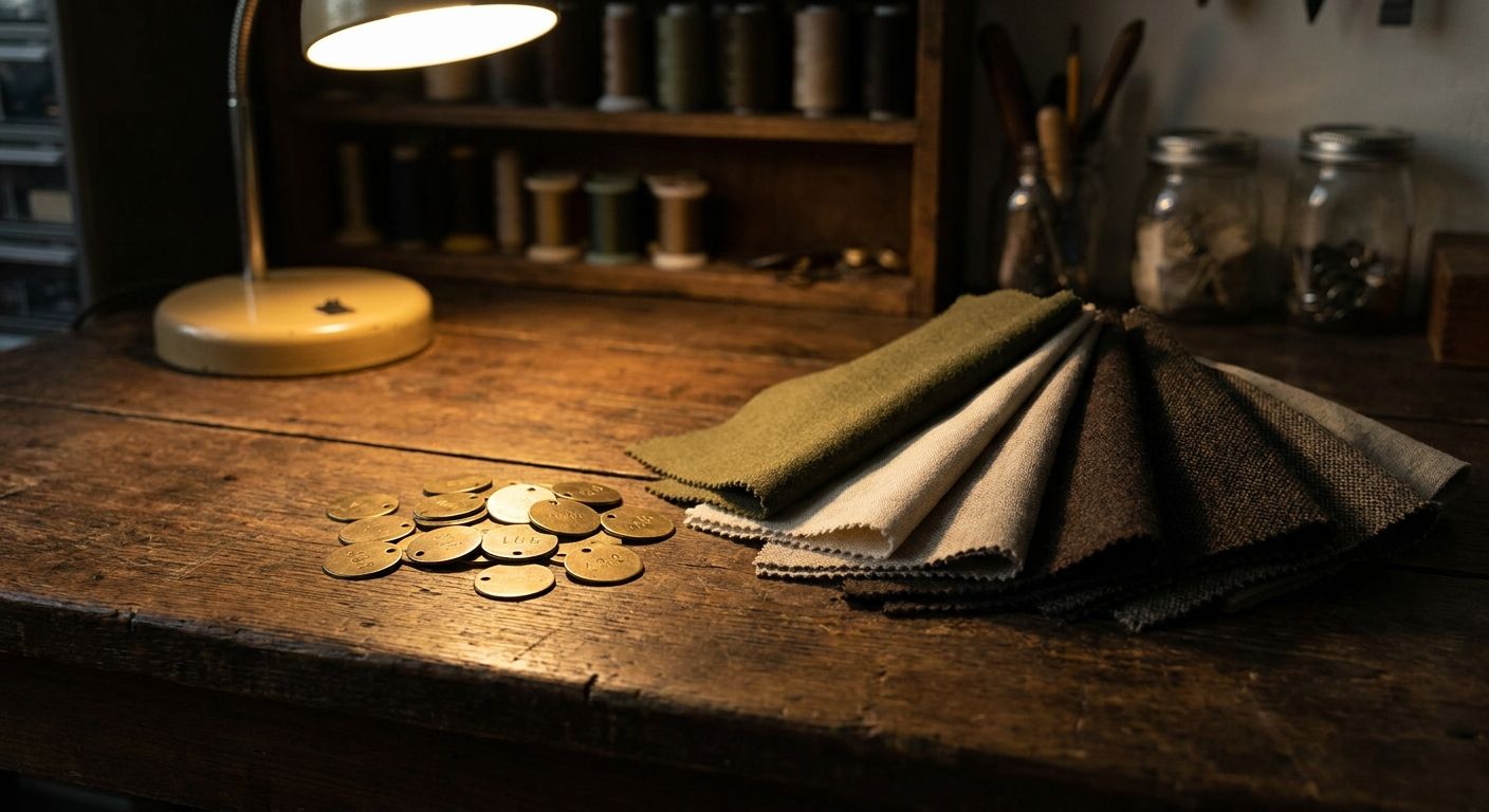 Commission tags and trusted cloth samples on a workbench