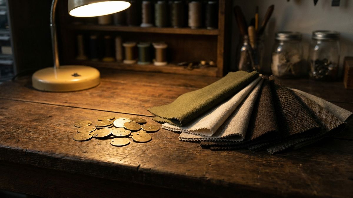 Commission tags and trusted cloth samples on a workbench