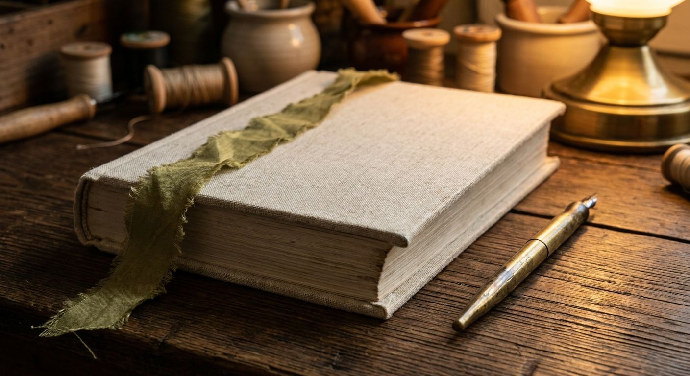 Membership ledger book and olive ribbon on a warm atelier workbench