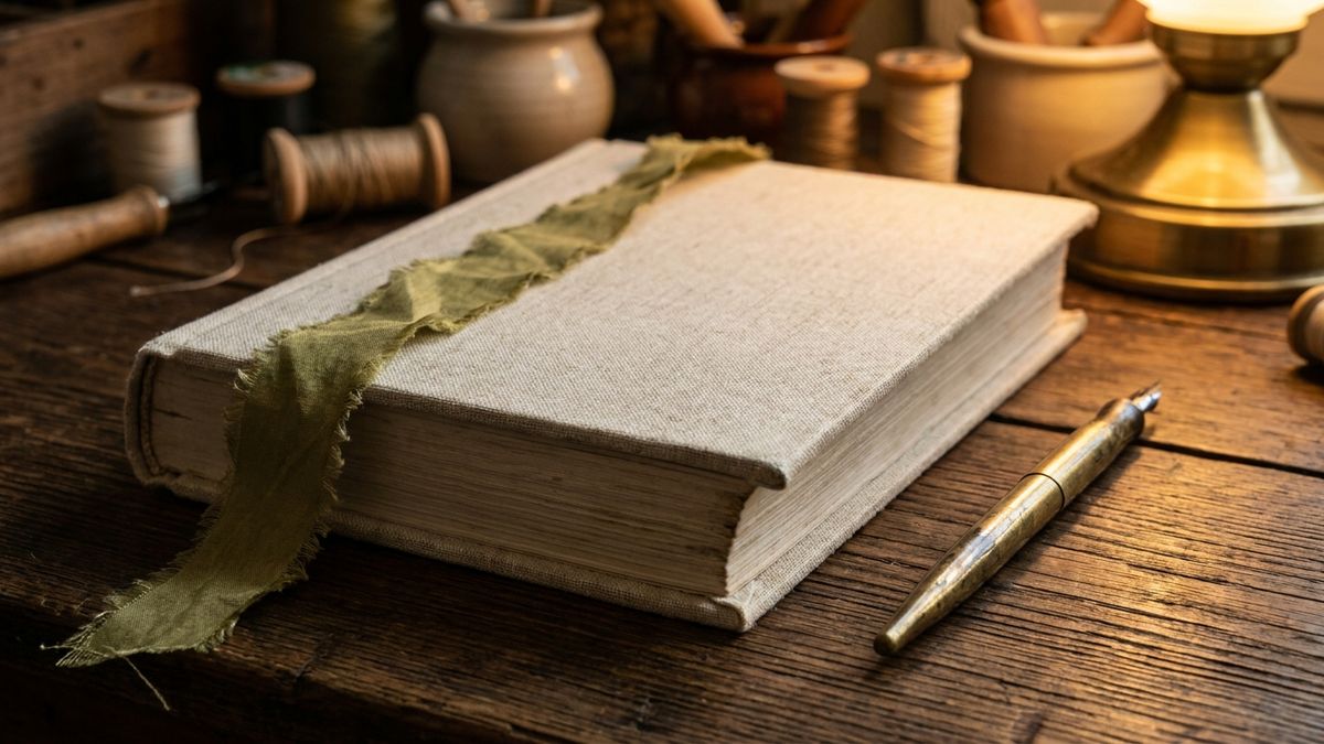 Membership ledger book and olive ribbon on a warm atelier workbench