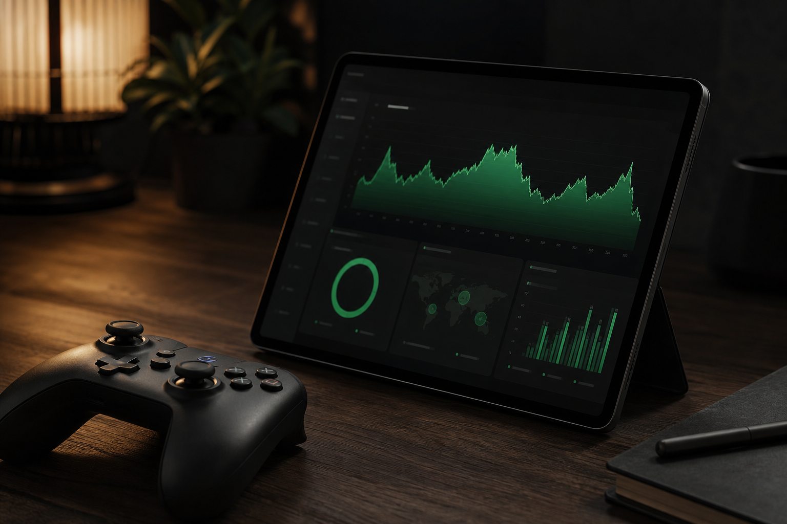 Live-service gaming metrics on a tablet beside a controller on a dark desk
