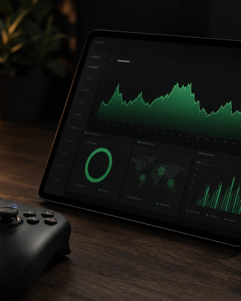 Live-service gaming metrics on a tablet beside a controller on a dark desk