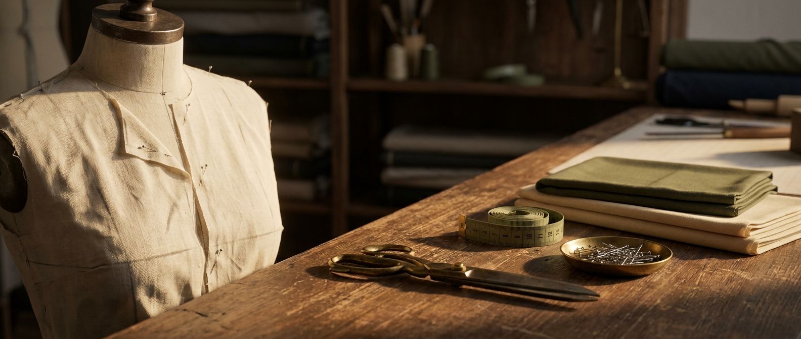 Plain muslin toile pinned on a tailor's dress form beside brass shears in warm workshop light