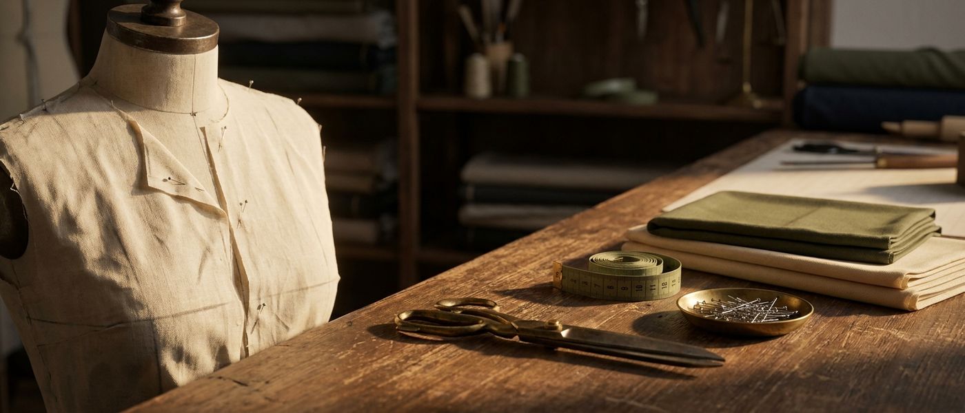 Plain muslin toile pinned on a tailor's dress form beside brass shears in warm workshop light