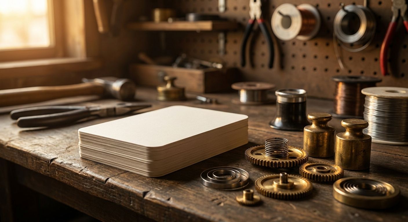 Answer-ready cards stacked for engine visibility on wood