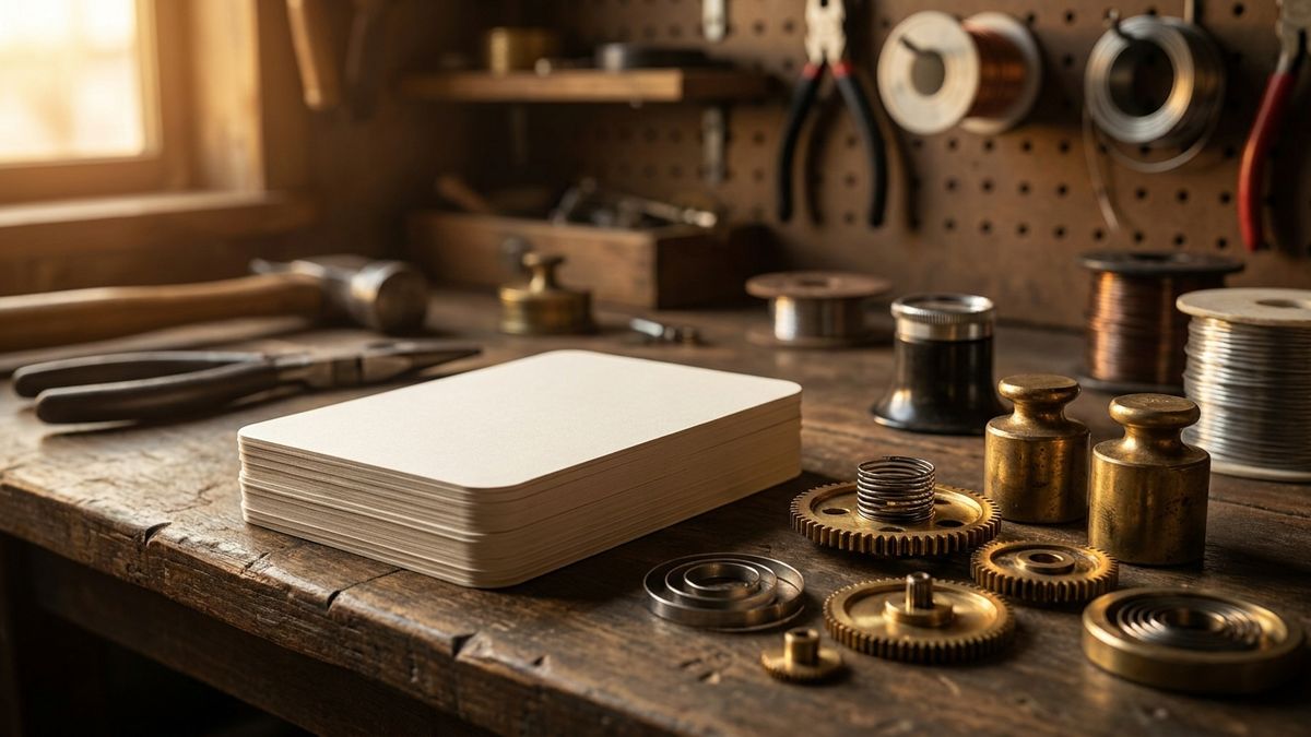 Answer-ready cards stacked for engine visibility on wood