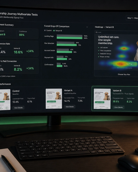 Membership journey multivariate CRO tests on a monitor beside a pet telehealth signup phone