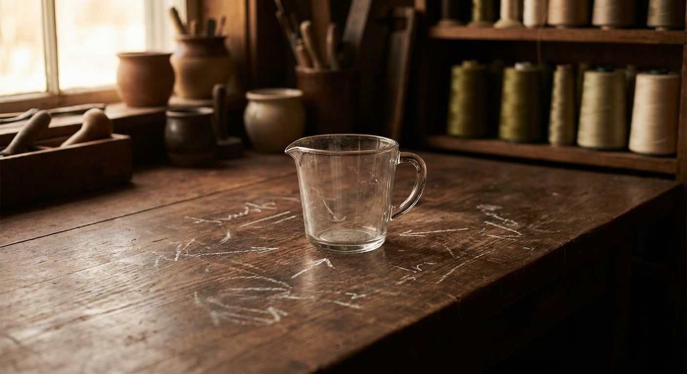 Empty measuring glass and unanswered notes on a quiet workbench