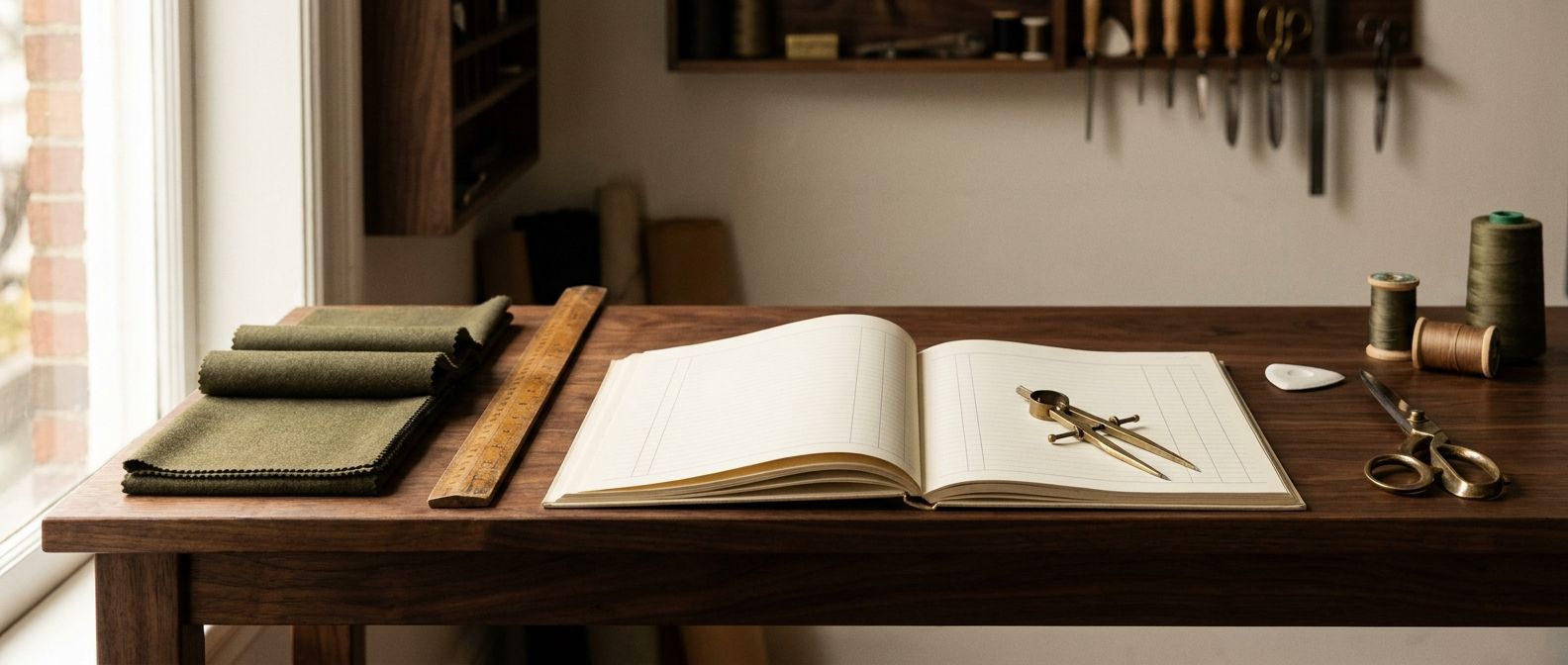 Open cream ledger, olive fabric, brass dividers, ruler, chalk, and vintage shears on a warm wooden tailor's workbench