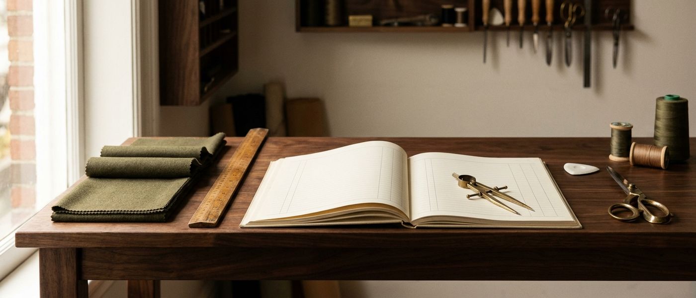 Open cream ledger, olive fabric, brass dividers, ruler, chalk, and vintage shears on a warm wooden tailor's workbench