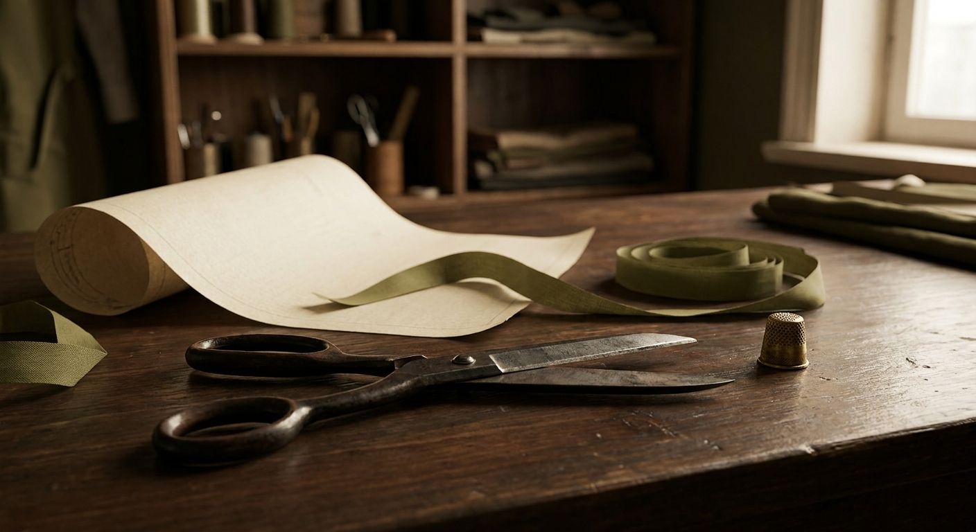 Tailor's shears and chalk on a dark wooden workbench under warm atelier light