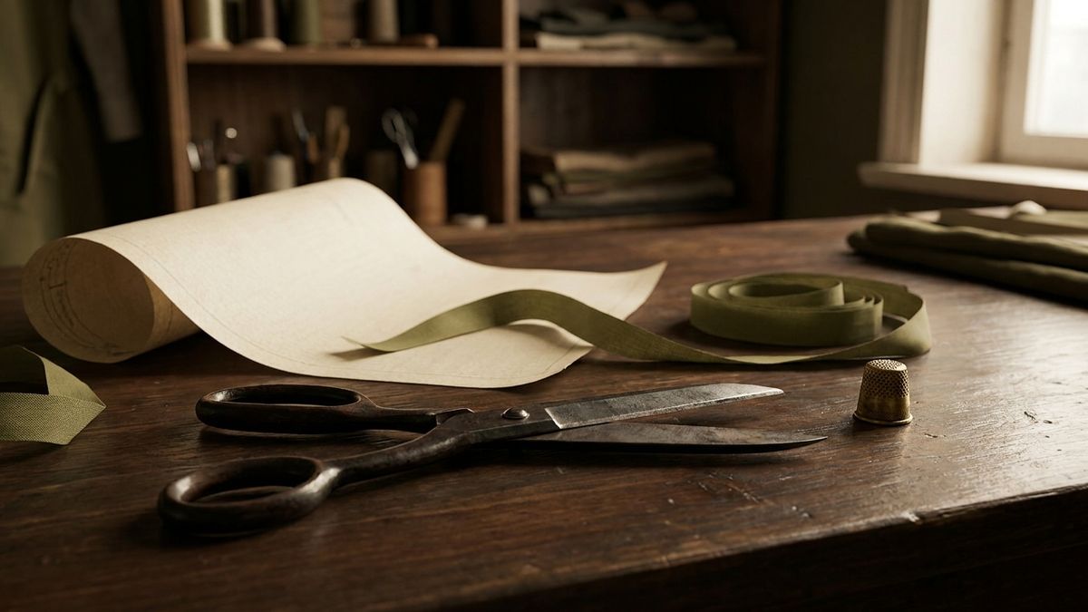 Tailor's shears and chalk on a dark wooden workbench under warm atelier light