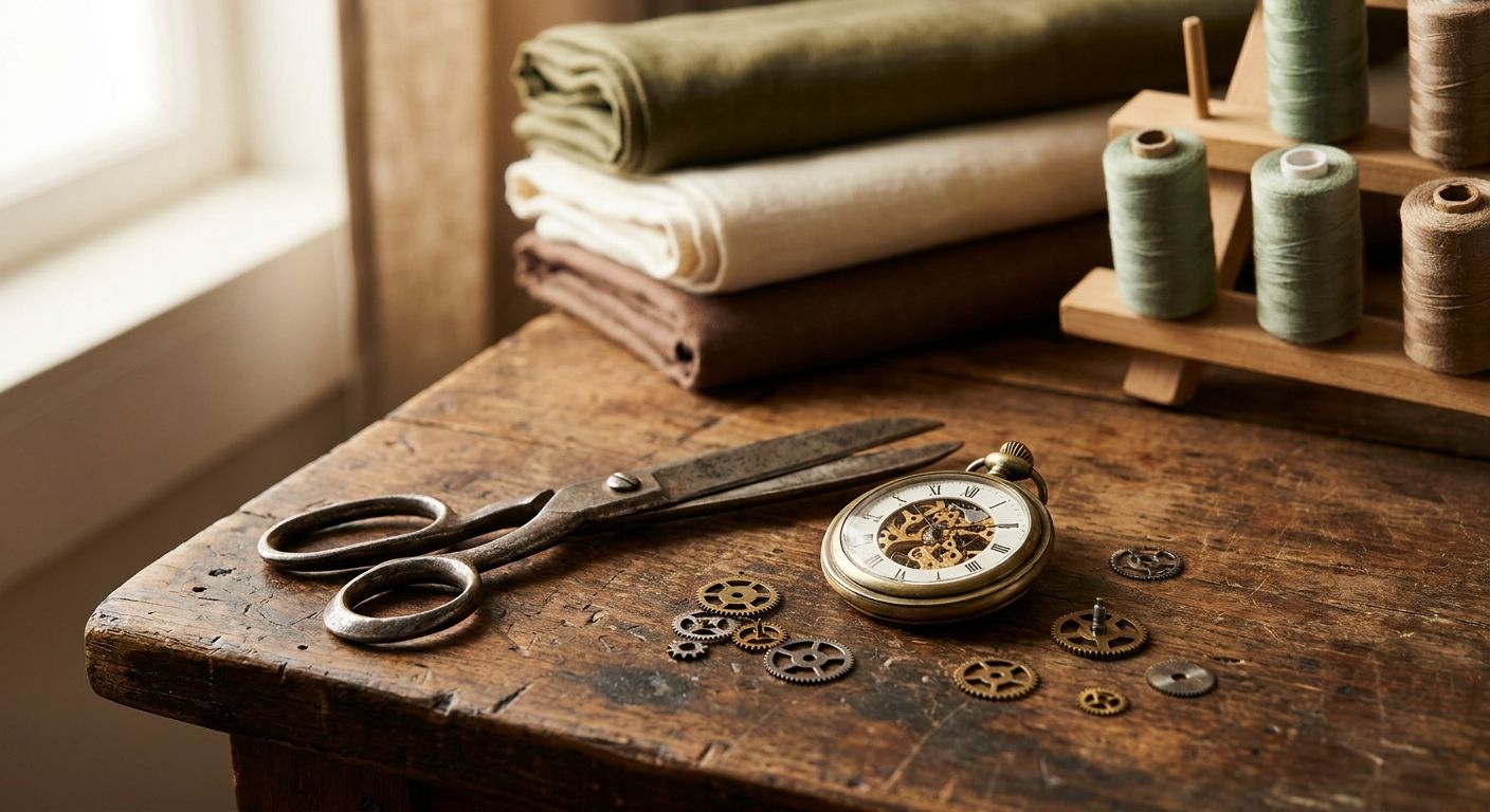 Vintage tailor shears beside a brass pocket watch and gears on a wooden workbench