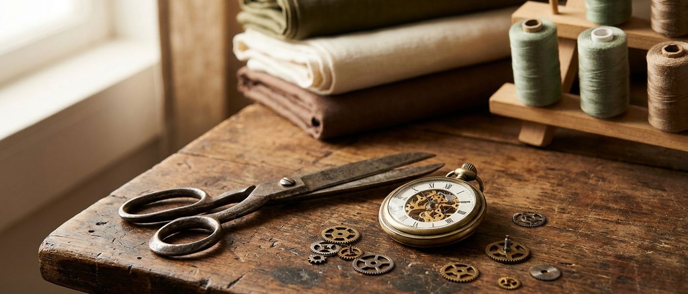 Vintage tailor shears beside a brass pocket watch and gears on a wooden workbench