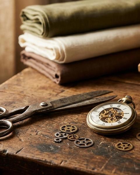 Vintage tailor shears beside a brass pocket watch and gears on a wooden workbench
