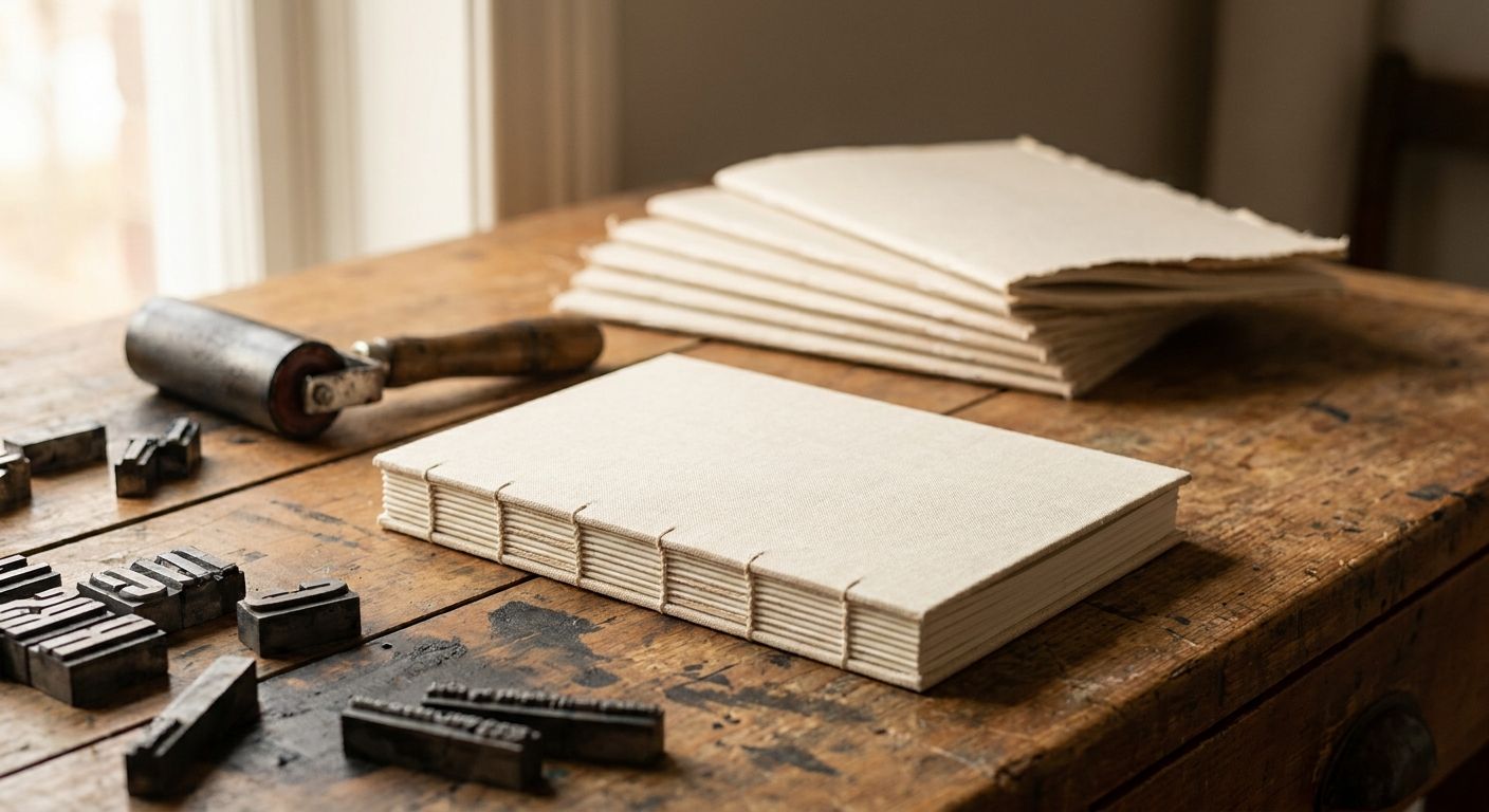 Hand-bound linen book in front of a blurry stack of thin identical pamphlets