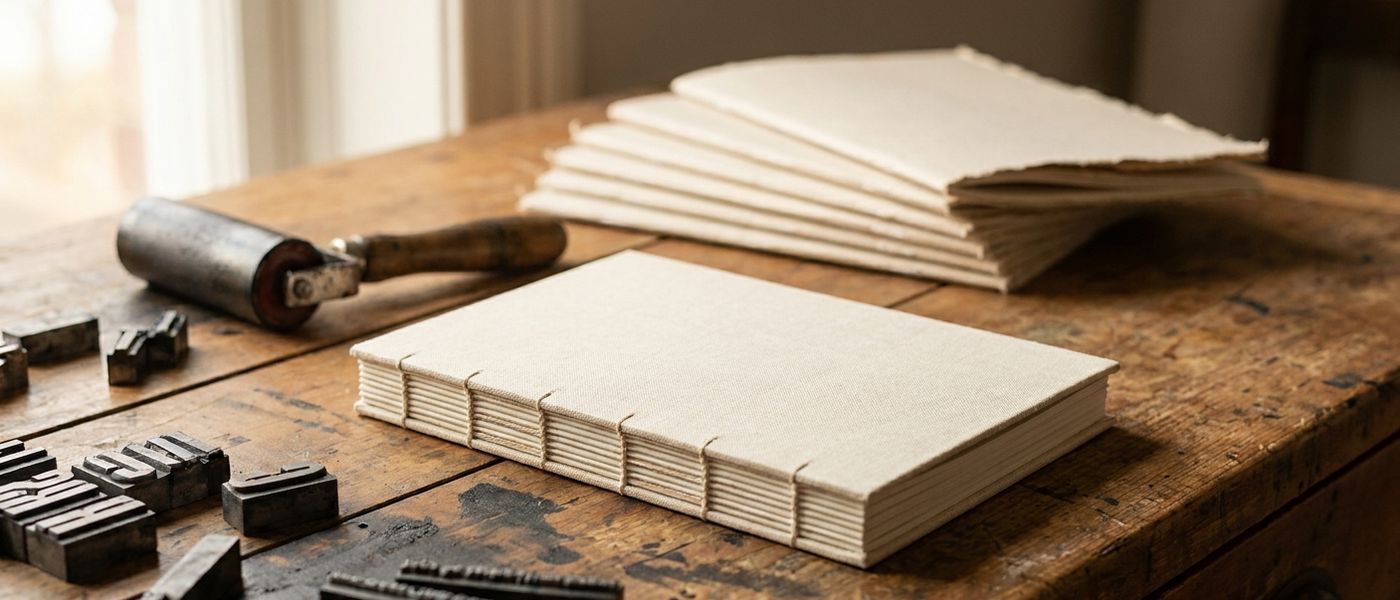 Hand-bound linen book in front of a blurry stack of thin identical pamphlets