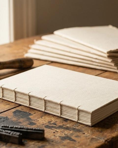 Hand-bound linen book in front of a blurry stack of thin identical pamphlets