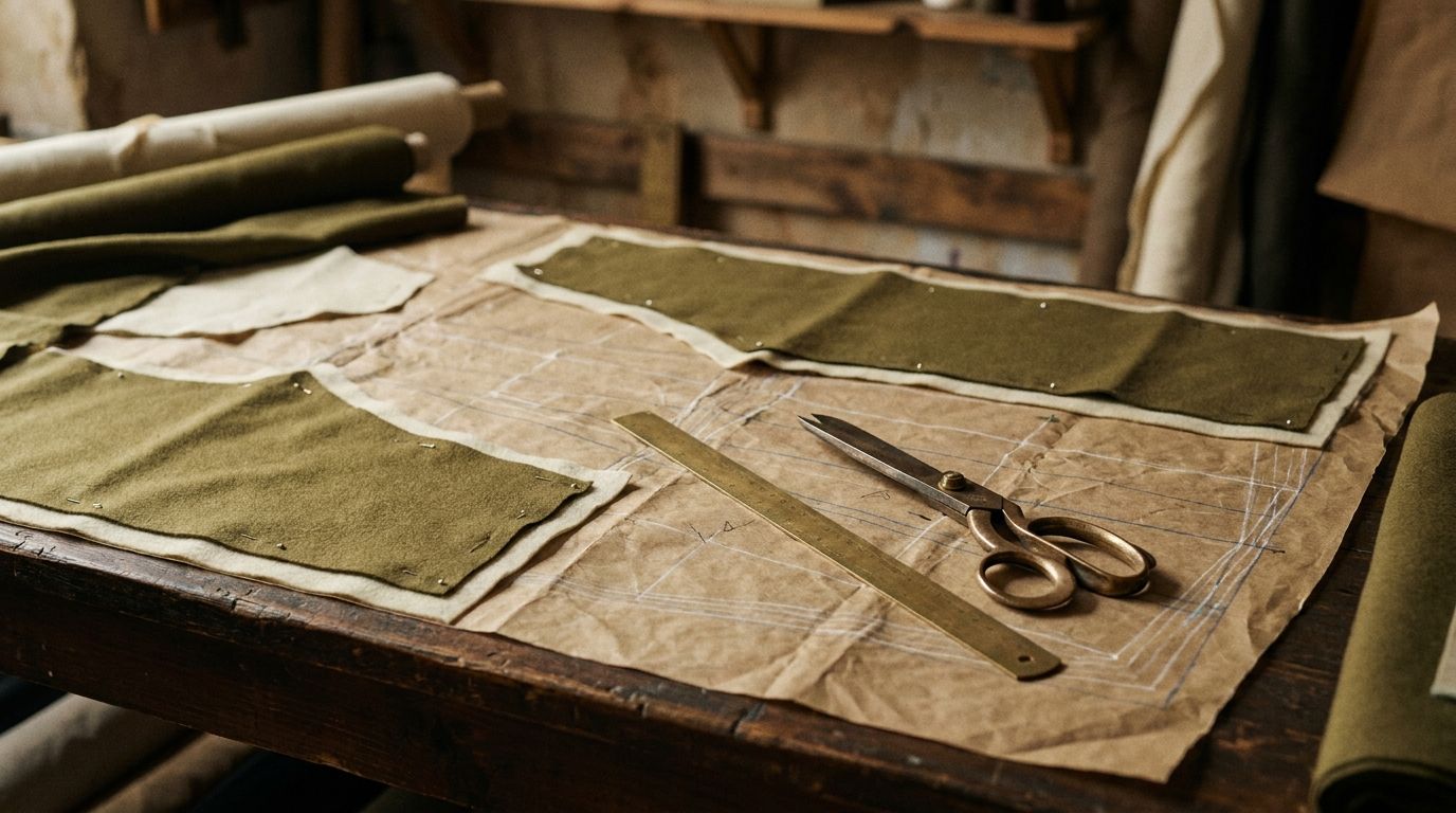 Tailor's paper pattern with converging chalk lines, pinned olive and cream fabric, a brass ruler, and closed shears on dark wood