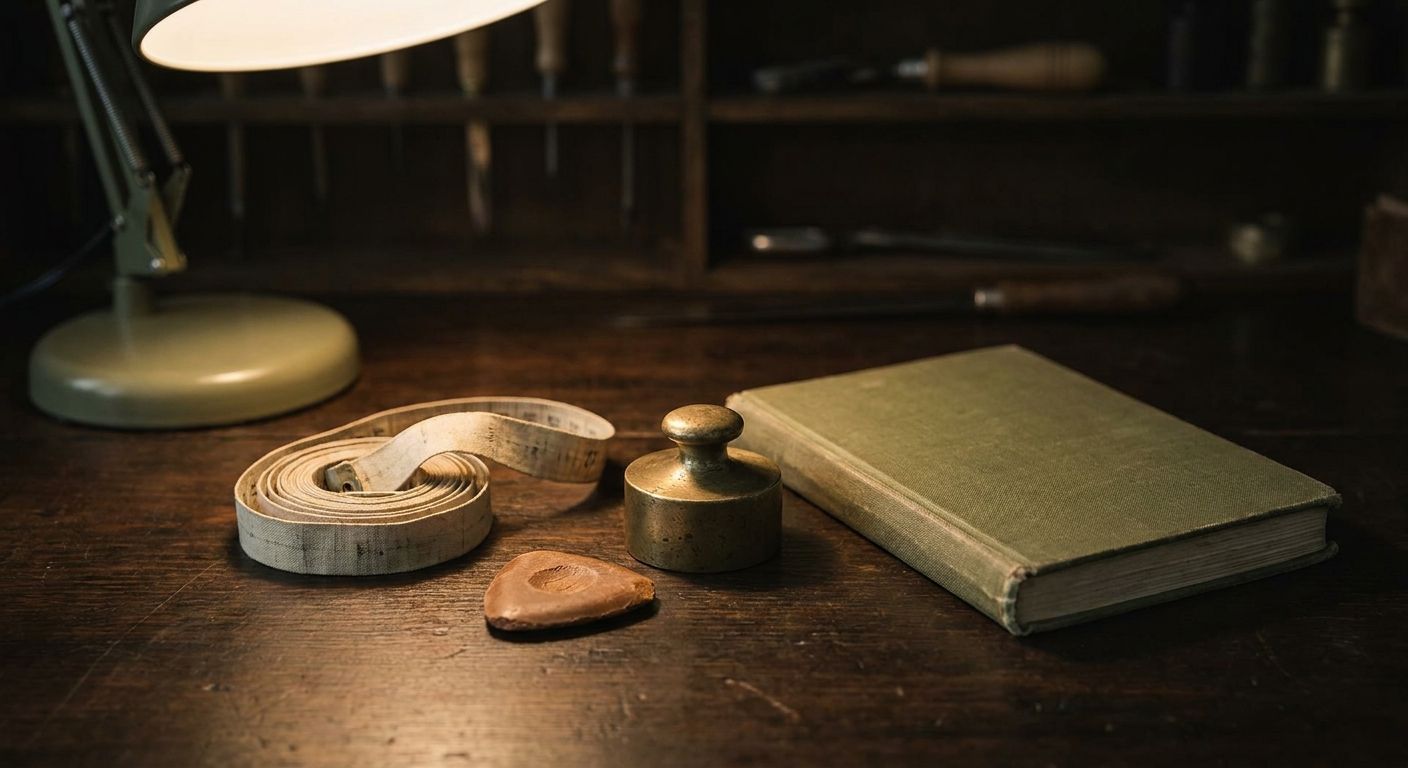 Tailor's tape measure, chalk, and a folded ledger of figures on dark oiled wood in warm light