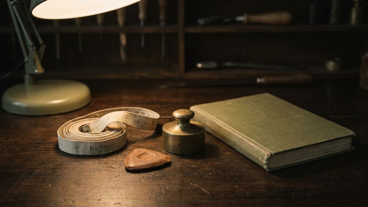 Tailor's tape measure, chalk, and a folded ledger of figures on dark oiled wood in warm light