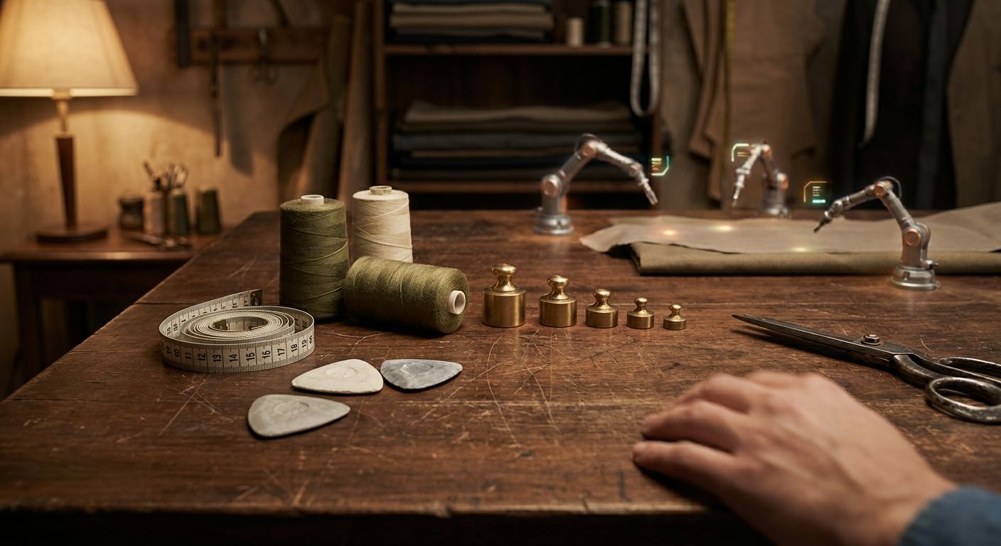 Autonomous atelier workbench with measuring tape and olive-thread spools in warm craft light