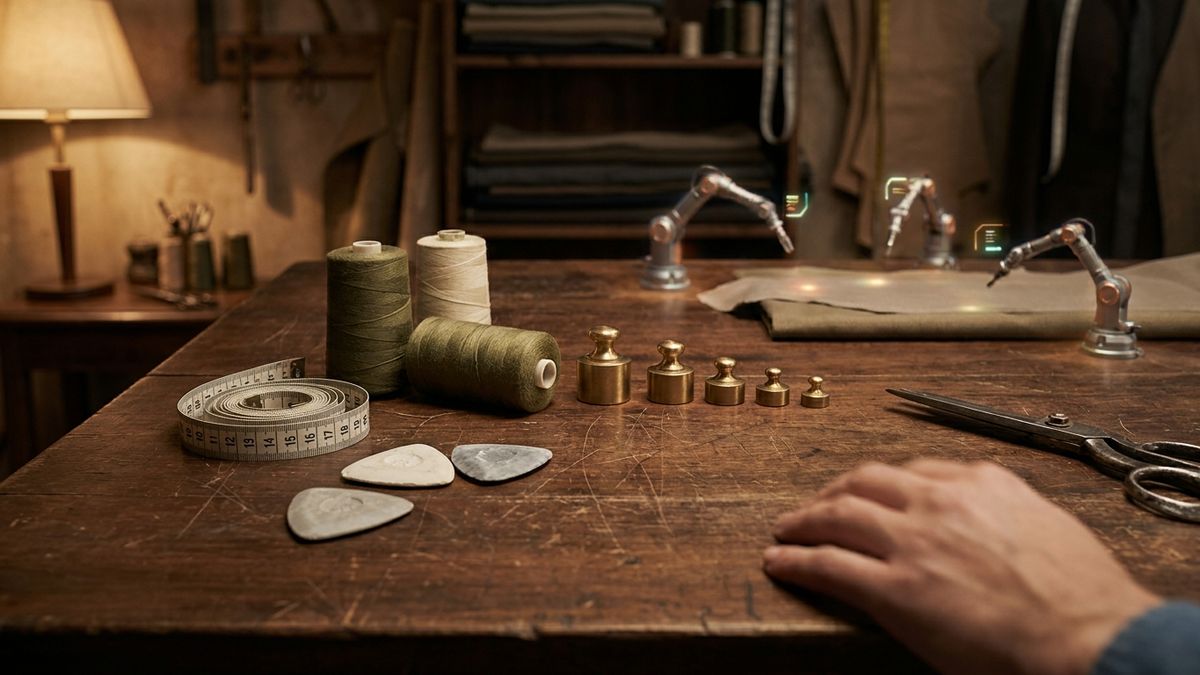 Autonomous atelier workbench with measuring tape and olive-thread spools in warm craft light