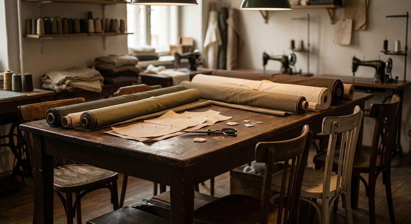 Several wooden chairs around a shared cutting table with pinned pattern pieces