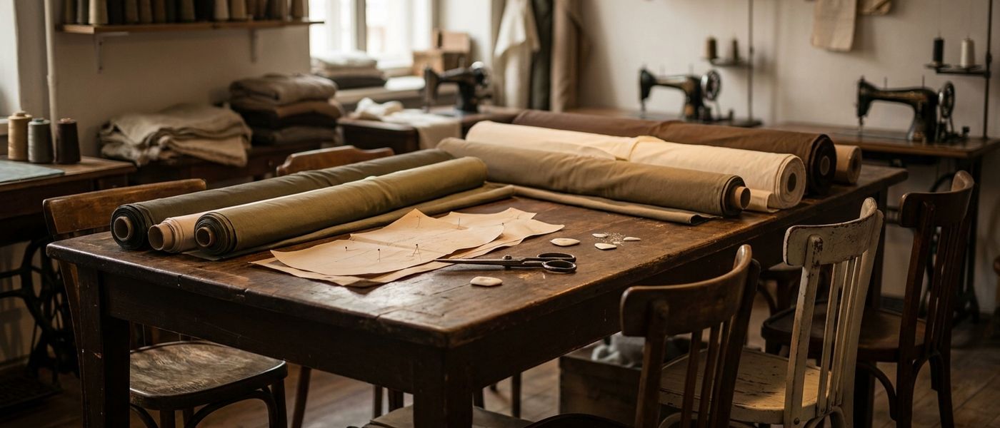 Several wooden chairs around a shared cutting table with pinned pattern pieces