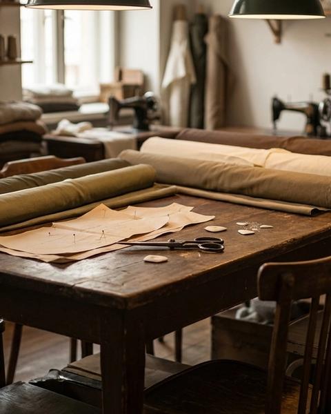 Several wooden chairs around a shared cutting table with pinned pattern pieces
