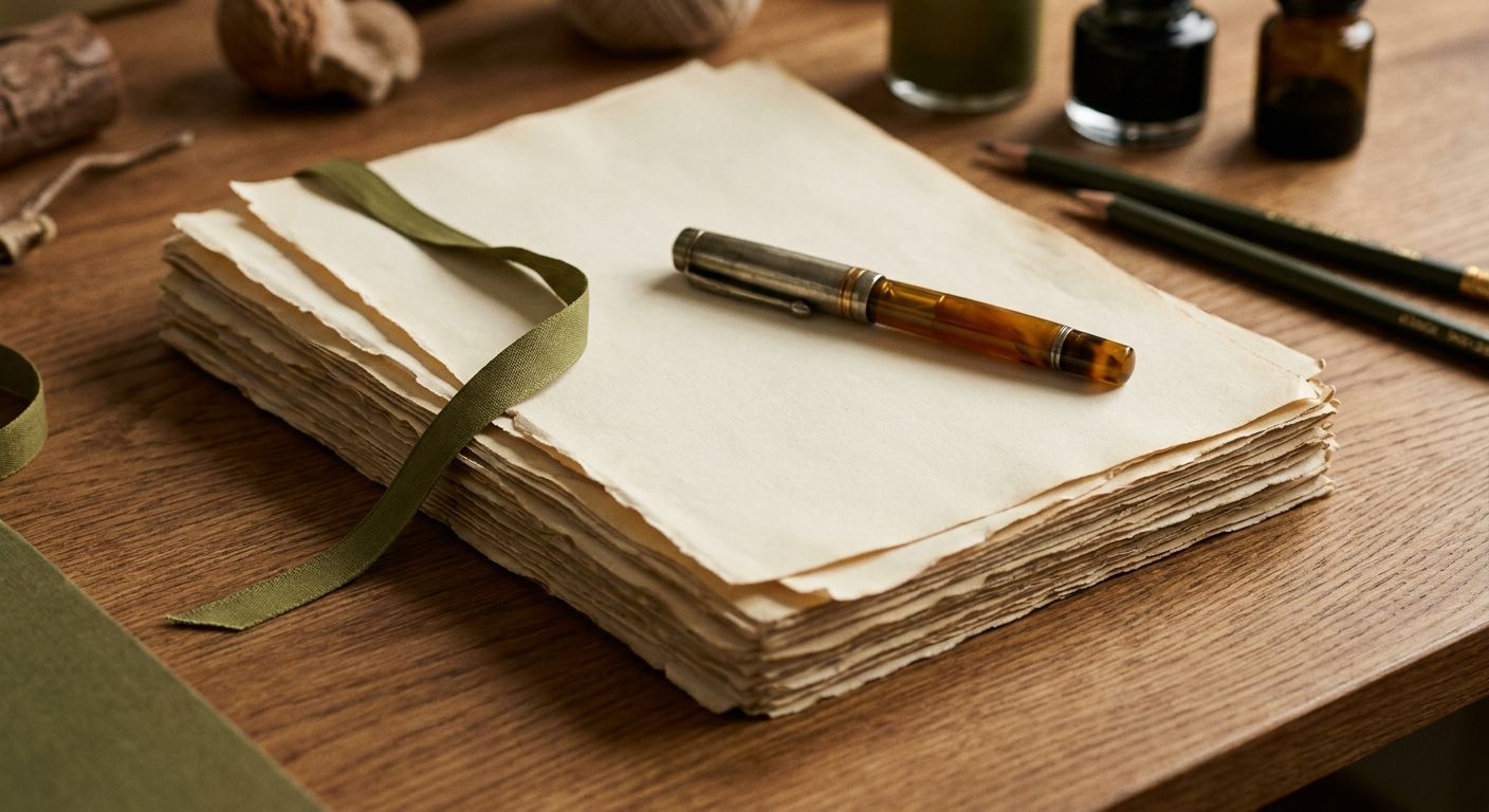 Editorial manuscript pages and fountain pen on a craft desk