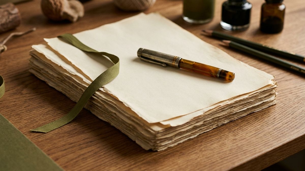 Editorial manuscript pages and fountain pen on a craft desk