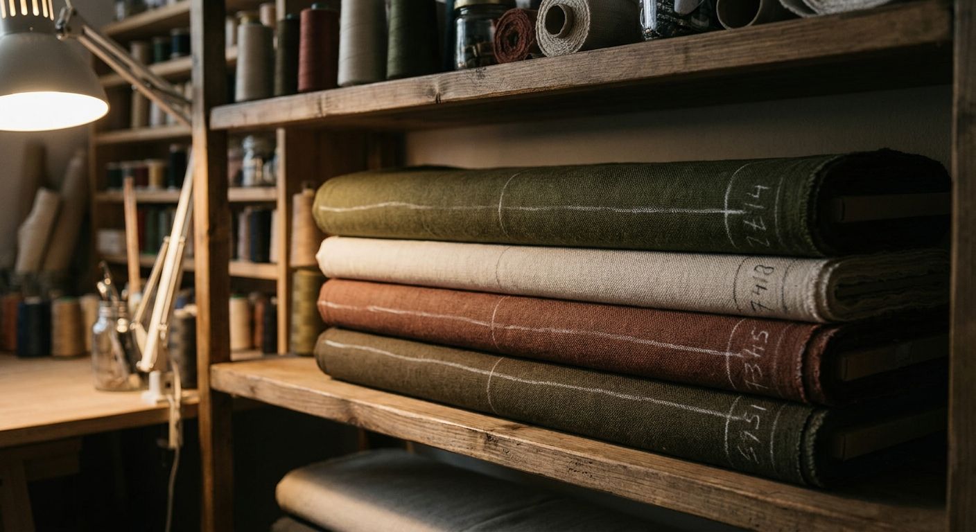 First-party fabric bolts labeled in chalk on a private atelier shelf