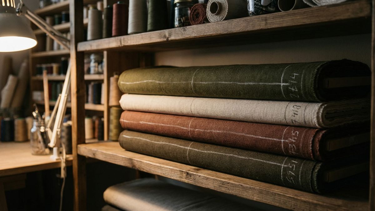 First-party fabric bolts labeled in chalk on a private atelier shelf