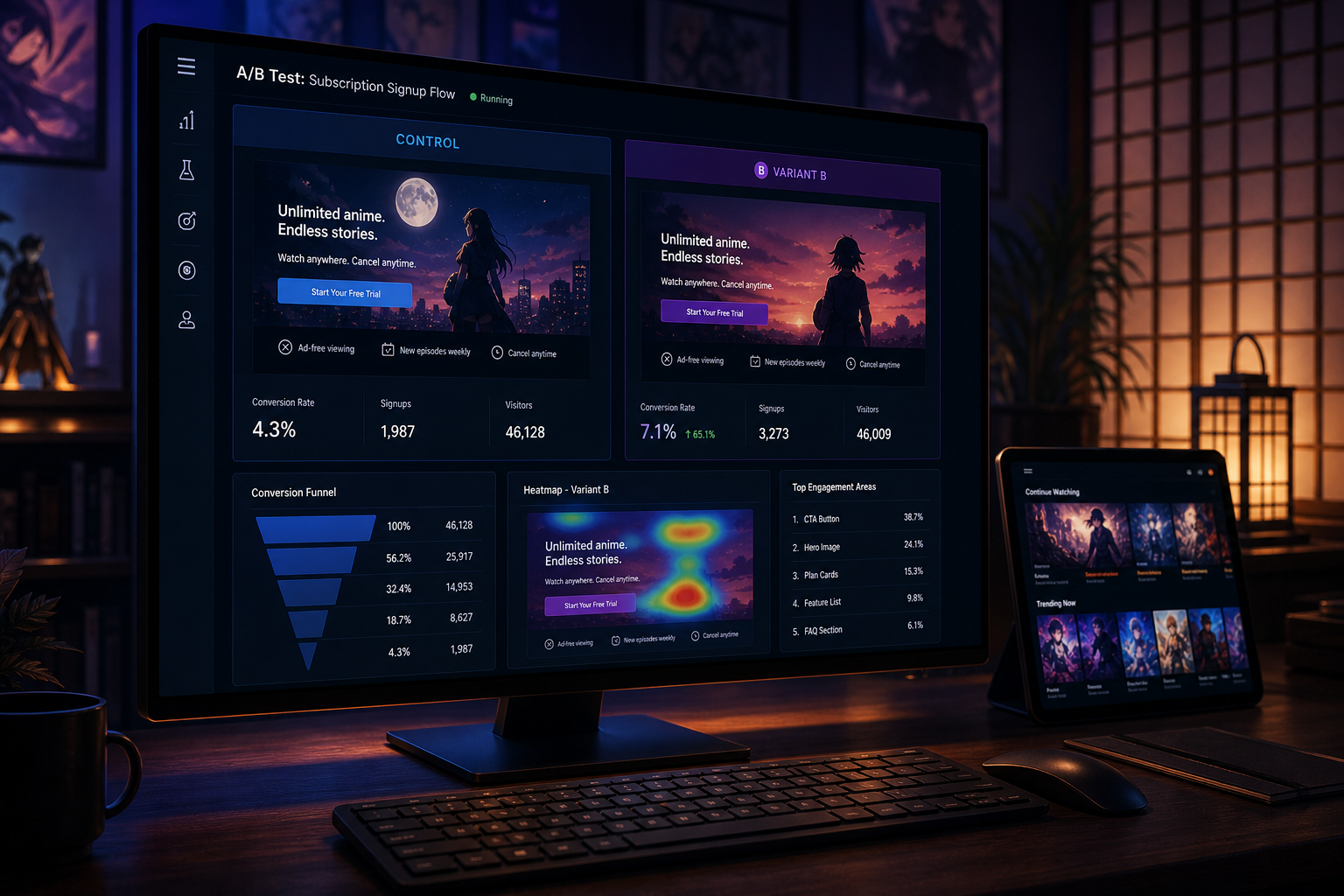 Conversion funnel and A/B test variant analytics on a monitor in a dark workspace