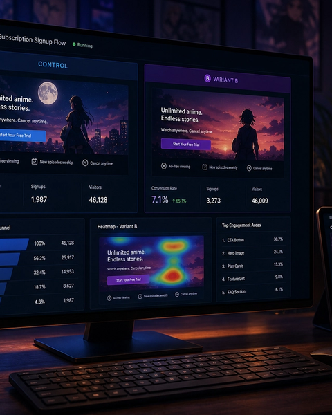 Conversion funnel and A/B test variant analytics on a monitor in a dark workspace