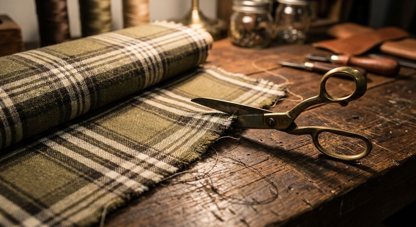 Cloth cut from your own bolt with brass shears on dark wood