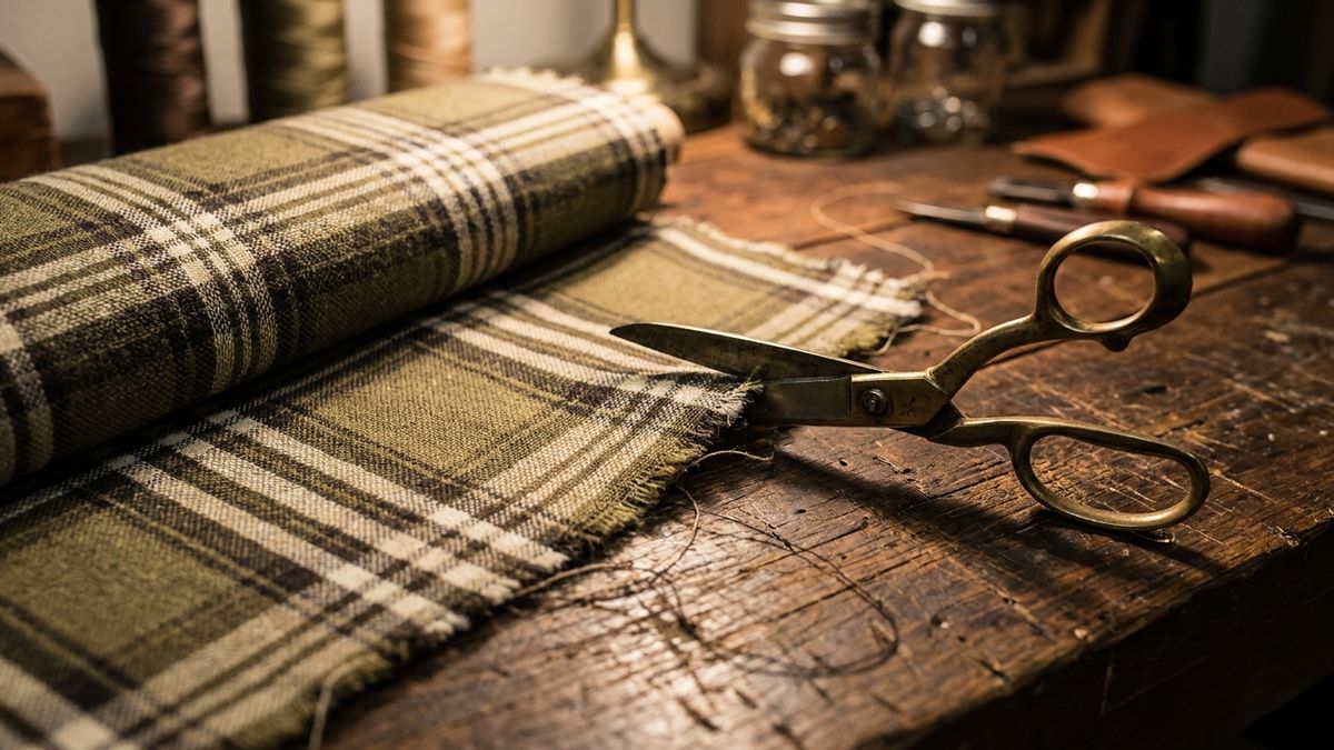 Cloth cut from your own bolt with brass shears on dark wood