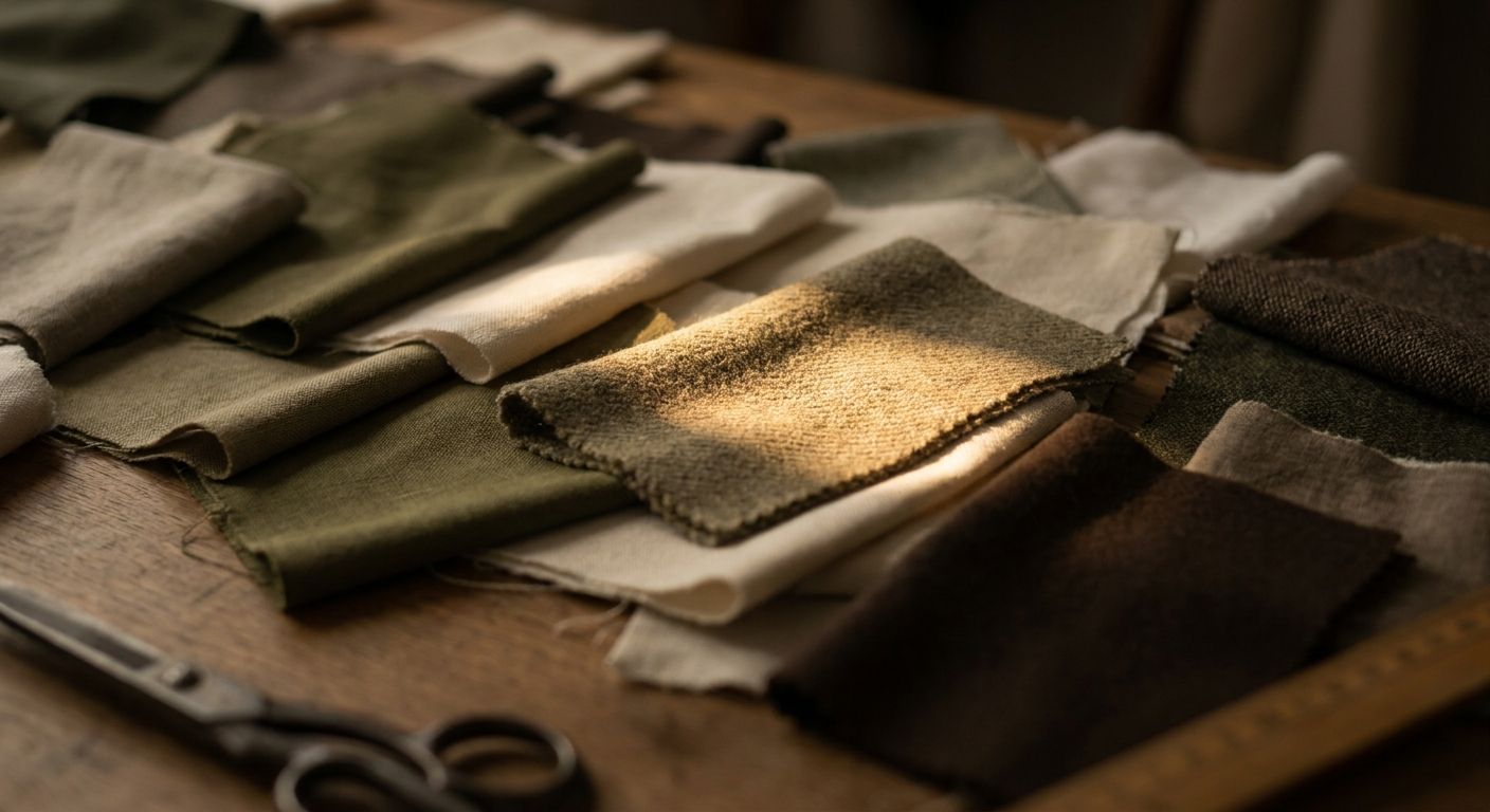 Spotlight on a single cited fabric swatch on dark wood