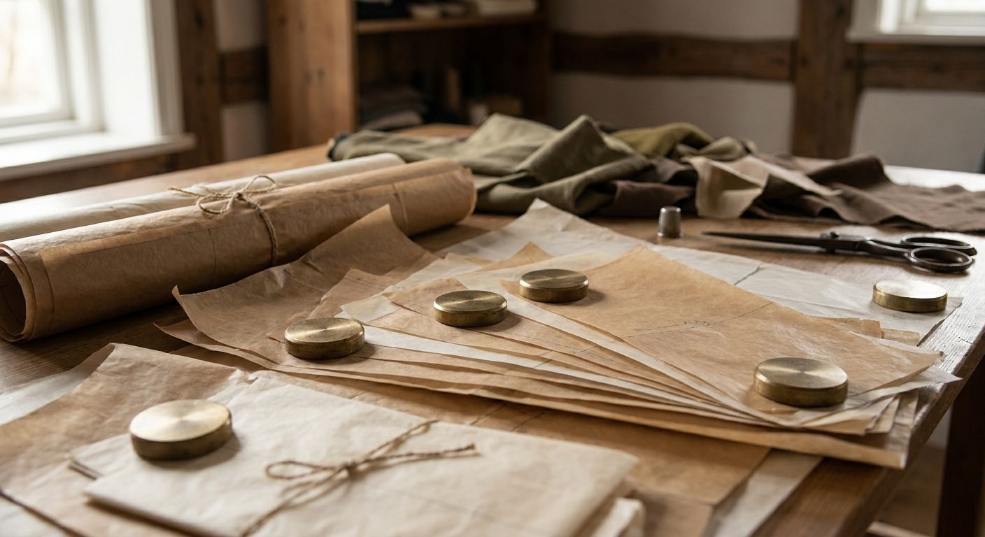 Compounding pattern layers and brass weights on an atelier table