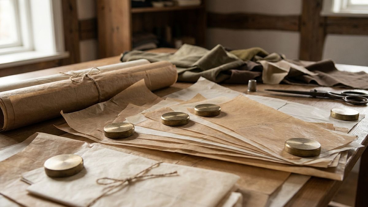 Compounding pattern layers and brass weights on an atelier table