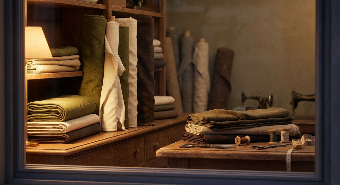 Tailor window display of fabric bolts in warm evening light