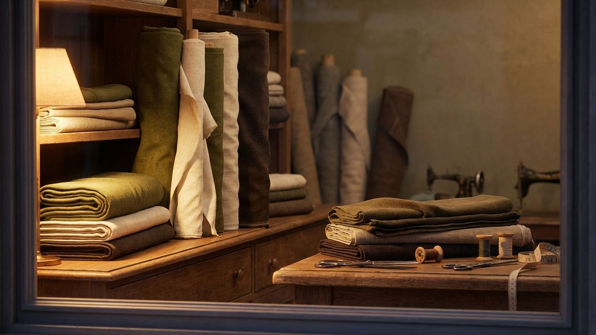Tailor window display of fabric bolts in warm evening light