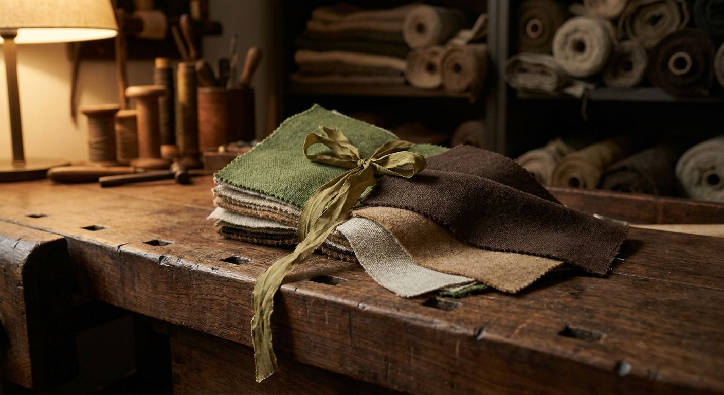 Partner swatches arranged with olive ribbon on dark wood
