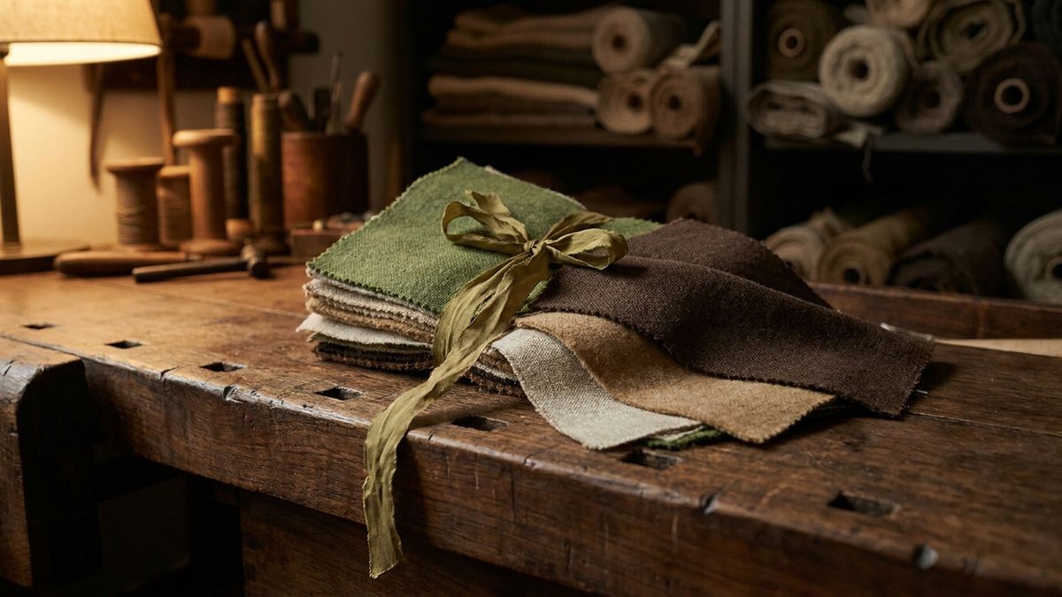 Partner swatches arranged with olive ribbon on dark wood