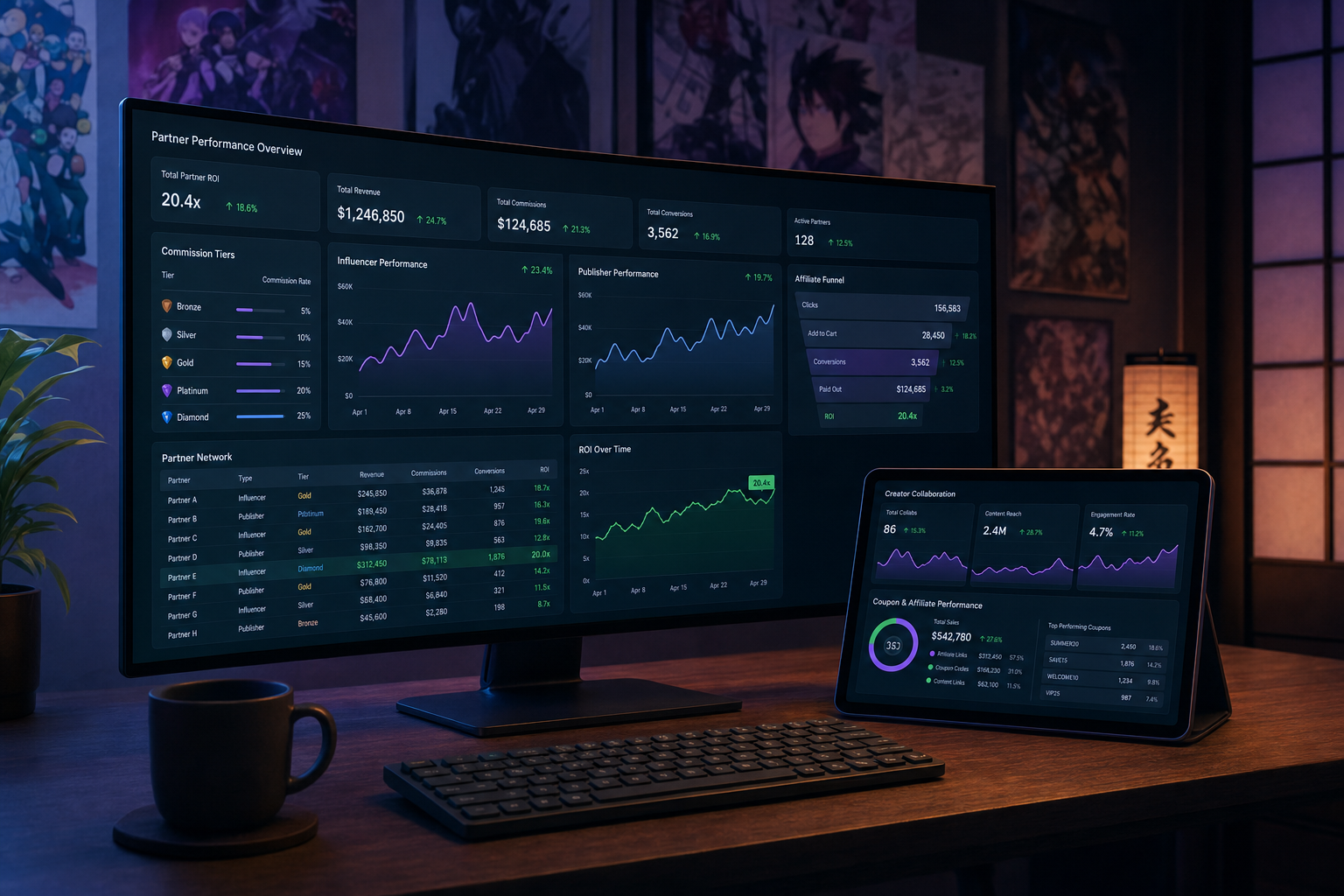 Affiliate partner performance dashboard and creator collaboration metrics on a monitor in a dark workspace
