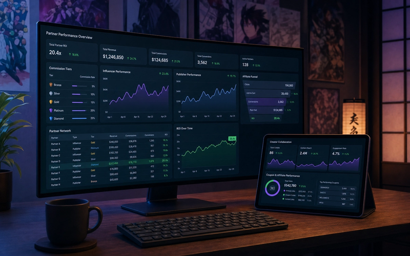Affiliate partner performance dashboard and creator collaboration metrics on a monitor in a dark workspace