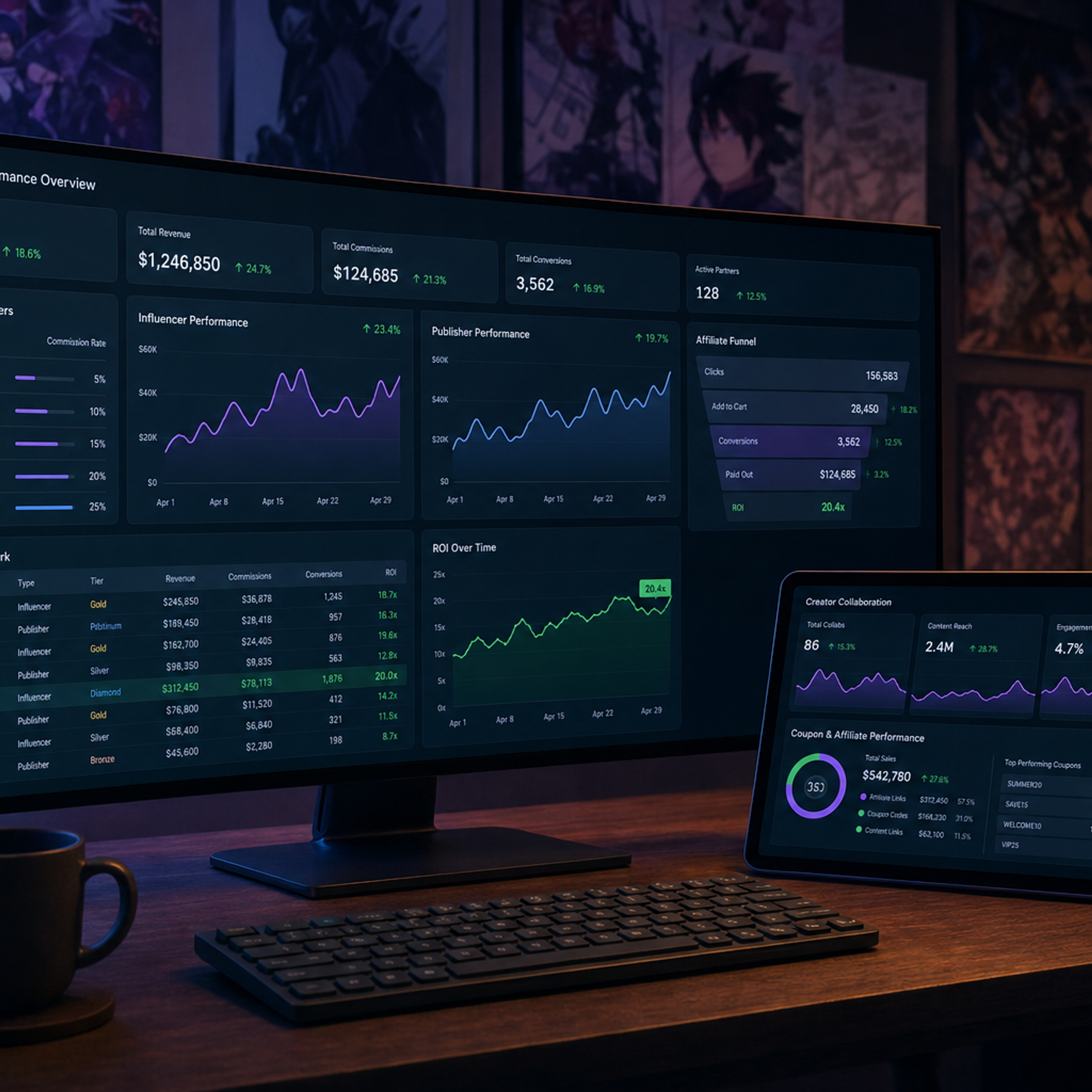 Affiliate partner performance dashboard and creator collaboration metrics on a monitor in a dark workspace