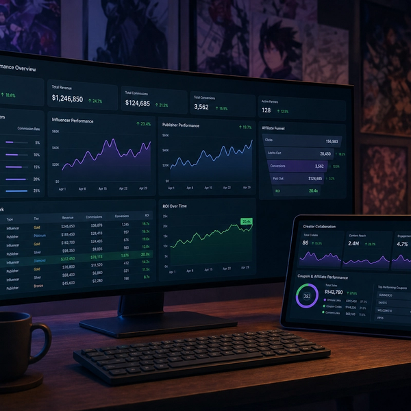 Affiliate partner performance dashboard and creator collaboration metrics on a monitor in a dark workspace