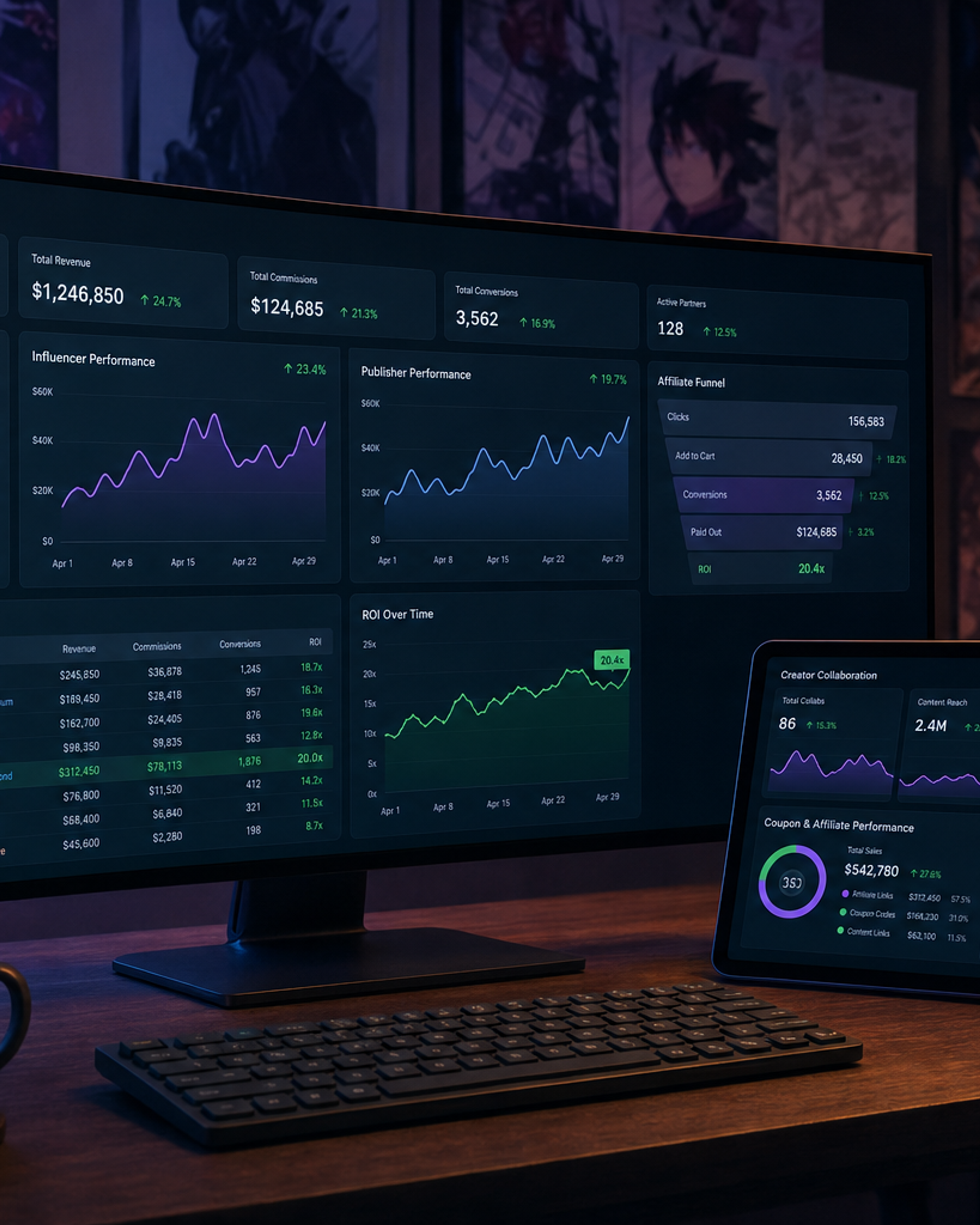 Affiliate partner performance dashboard and creator collaboration metrics on a monitor in a dark workspace